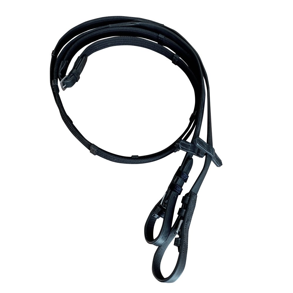 Cabezada Montar Bonfire Doble SLT-277 - Cuero Negro Riendas Lona Premium - Tienda Hípica Online | D’Hispania ®