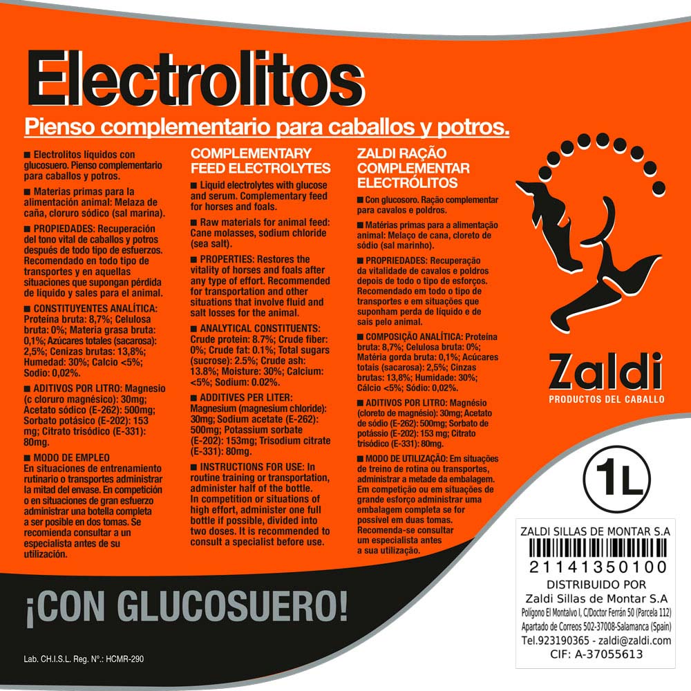 ZALDI PIENSO COMPLEMENTARIO ELECTROLITOS 1 litro - Tienda Hípica Online | D’Hispania ®