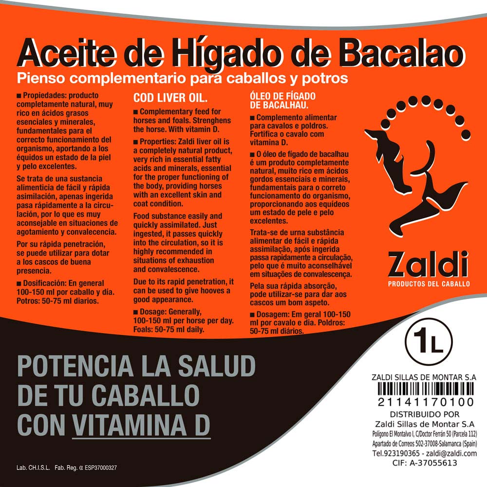 Zaldi Aceite Hígado de Bacalao Extra - Suplemento Vitamina D Equino - Tienda Hípica Online | D’Hispania ®