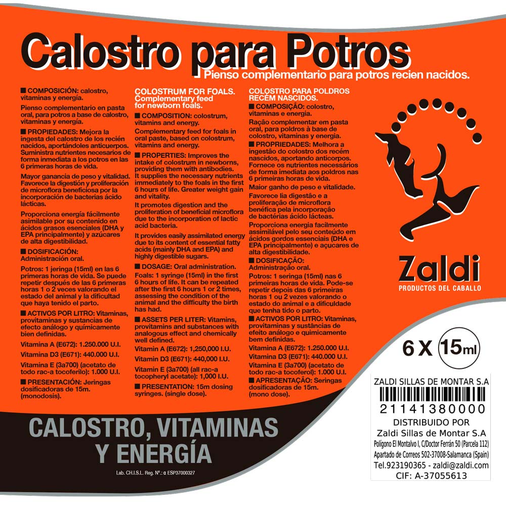 Zaldi Calostros Potro 6x15gr - Suplemento Primeras Horas Vida - Tienda Hípica Online | D’Hispania ®