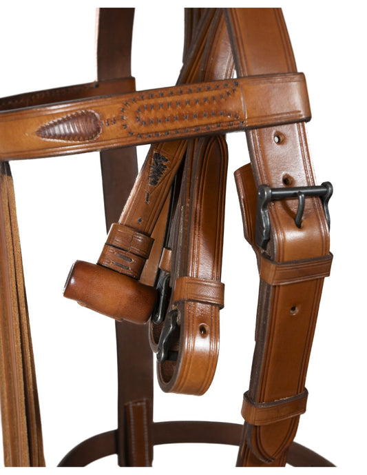 Cabezada vaquera con riendas de barrilete artesana de D'Hispania, con cuero y detalles tradicionales para equitación vaquera.