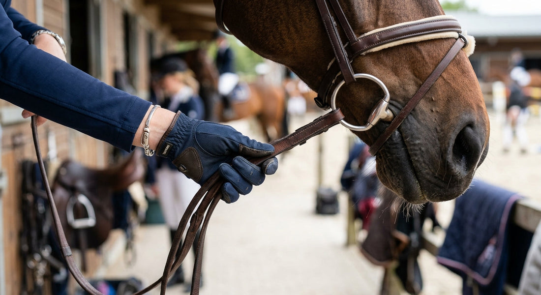 Mano del jinete sujetando las riendas con un contacto suave en la boca del caballo