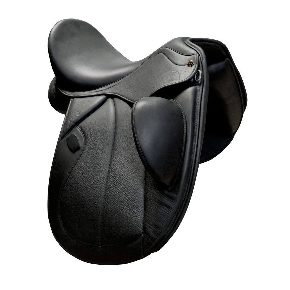 Silla inglesa Doma Castel-TM con taco muslera en cuero premium, ideal para equitación, en color marrón con detalles elegantes