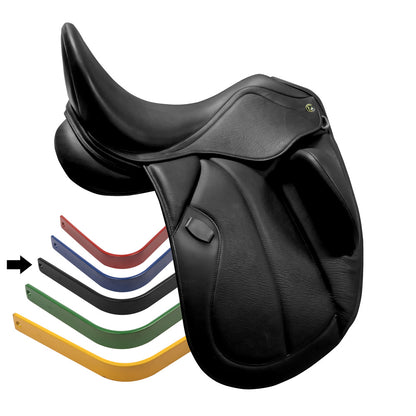 Silla de doma inglesa Doma Castel-TM con taco muslera en cuero premium, diseñada para equitación y entrenamiento ecuestre.