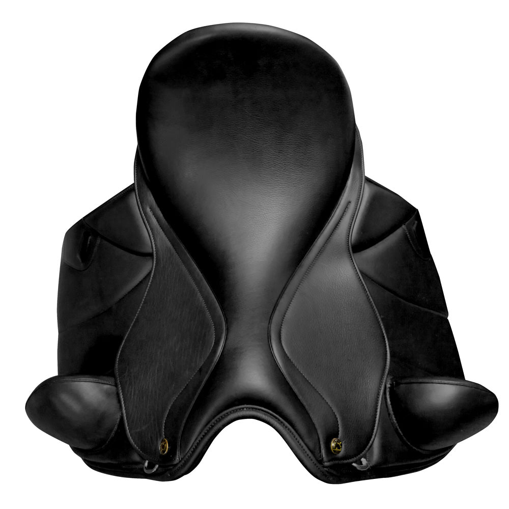 Silla inglesa Doma Castel-TM con taco muslera en cuero premium, ideal para equitación y doma clásica.