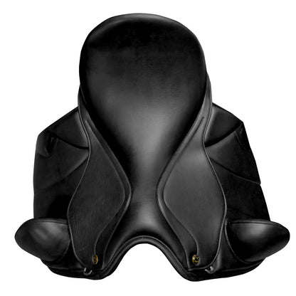 Silla inglesa Doma Castel-TM con taco muslera en cuero premium, ideal para equitación y doma clásica.