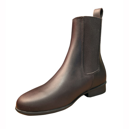 Botines españoles de piel americana con elástico, diseñados para equitación, en color marrón oscuro.