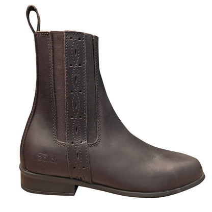 Botines españoles de piel americana con elásticos, estilo clásico y resistente, ideales para equitación y uso diario.