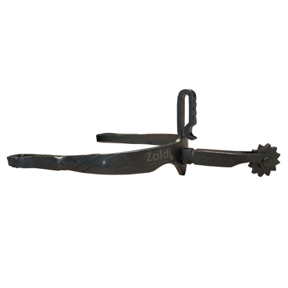 Espuela vaquera forja inoxidable bitono envejecido de 71 cm con diseño torcido, ideal para monta en equitación.
