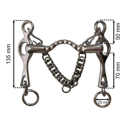 Bocado portugués de acero inoxidable con embocadura estriada para caballos, de la marca Tienda Hípica D'Hispania.
