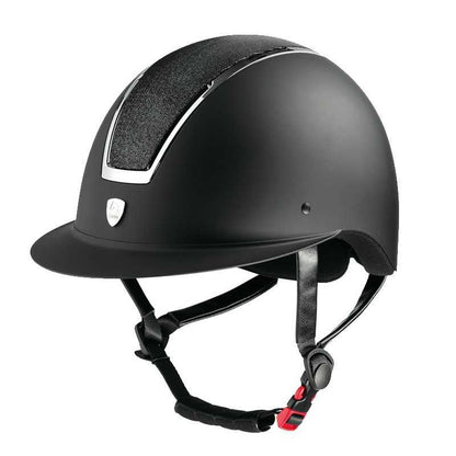 Casco Tattini para jinete con visera ancha y placa brillante, protección y estilo para equitación.
