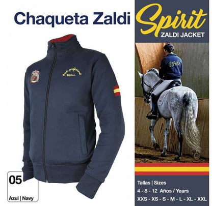 Chaqueta hípica Zaldi Spirit azul, ropa de equitación para caballeros, mostrada en la imagen con detalles en azul y diseño deportivo
