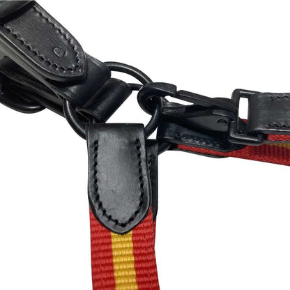 Cabezada de nylon y cuero con bandera española para caballo, marca Tienda Hípica D'Hispania, visible en la imagen.