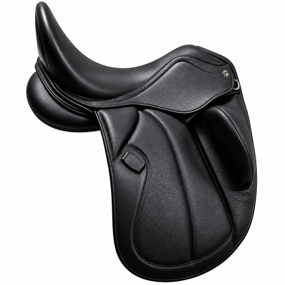 Silla de doma clásica Castel-TM con taco muslera y TM-System Zaldi, cuero Boxcalf, vista lateral