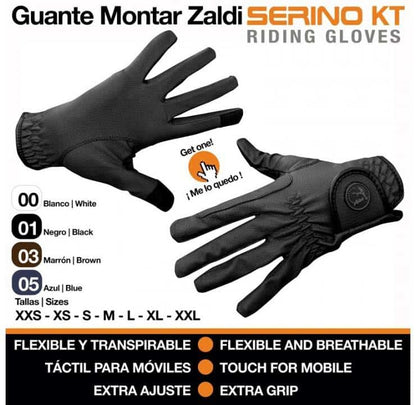 Guante de montar Zaldi Serino KT en color negro, con agarre y ajuste para equitación, de la marca Zaldi.