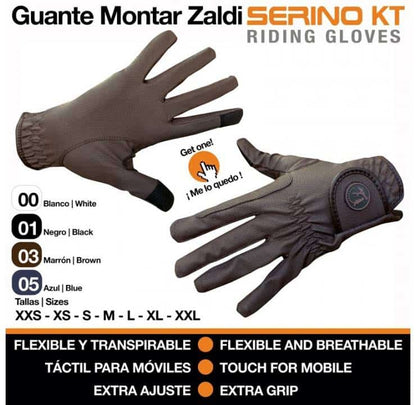Guantes de montar Zaldi Serino KT en color negro, diseñados para equitación, con detalles resistentes y cómodos.