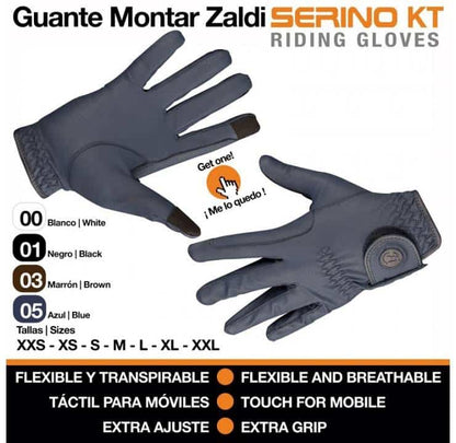 Guante de montar Zaldi Serino KT en cuero negro, diseñado para equitación, con detalles resistentes y cómodos para jinetes.