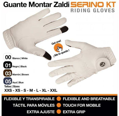 Guante de montar Zaldi Serino KT, resistente y cómodo para equitación, en color negro con detalles de piel.