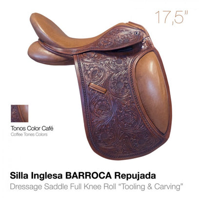 Silla inglesa barroca repujada de 17.5 pulgadas en color café y avellana, de las sillas inglesas de doma de D'Hispania