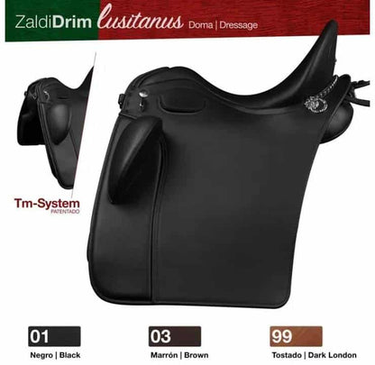 Silla de montar ZALDI Doma Drim Lusitanus para caballos Lusitano, clásica y cómoda, diseñada para domar y montar con estilo y precisión.