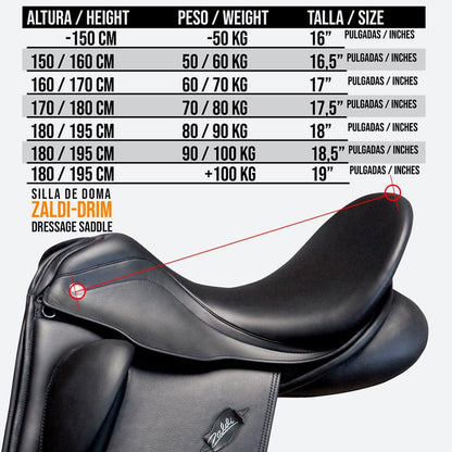 Silla de doma clásica Zaldi Doma Royal Profunda TM en cuero negro, con detalles elegantes y asiento profundo para equitación.