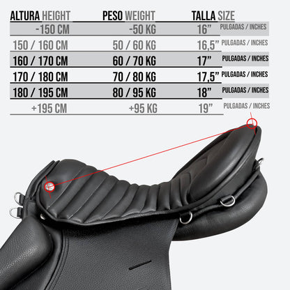 Silla de uso general Zaldi Royal Police en cuero negro con detalles en plata, diseñada para equitación y uso diario.