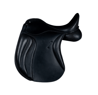 Silla inglesa de doma negra Lestter, montura profesional con puente intercambiable para equitación.
