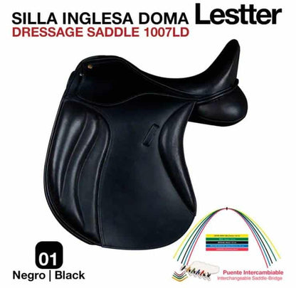 Silla inglesa de doma Lestter negra con montura profesional y puente intercambiable, ideal para equitación de doma.