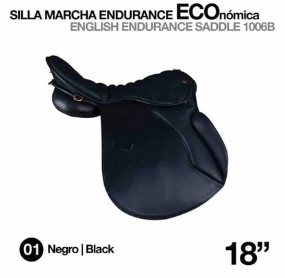 Silla de marcha Endurance Eco 18" en cuero negro para caballos, resistente y cómoda, de Tienda Hípica D'Hispania.