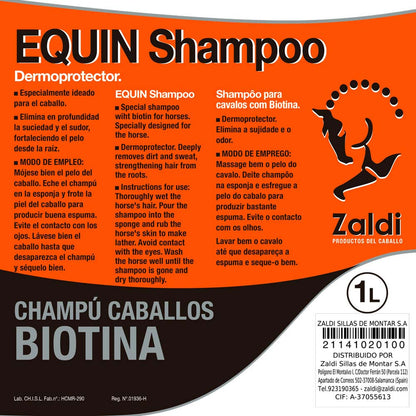 Champú Zaldi con biotina para caballos, producto de higiene para el cuidado del pelaje y la piel equina.
