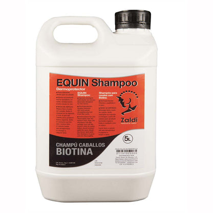 Champú Zaldi con biotina para caballos, producto para limpieza e higiene equina, en envase con etiqueta.