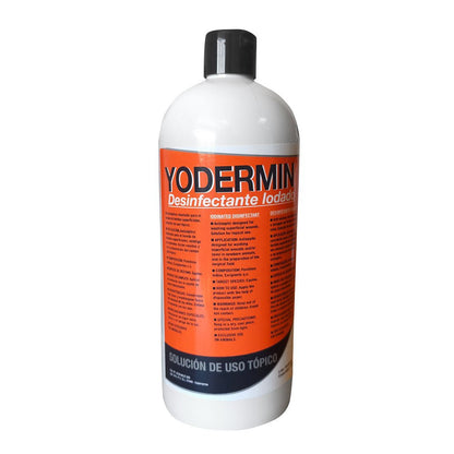 Desinfectante yodado Zaldi Yodermin de 1 litro, producto para limpieza e higiene de uso veterinario, en botella con etiqueta.