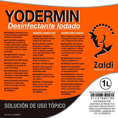Desinfectante yodado Zaldi Yodermin de 1 litro, producto para limpieza e higiene, en envase transparente con etiqueta.