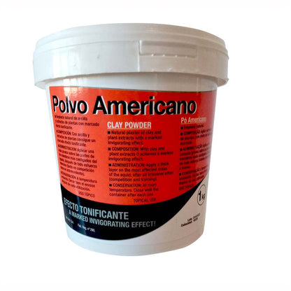 Polvo americano Zaldi para emplaste natural, producto de limpieza e higiene para caballos, en envase con etiqueta blanca y azul.