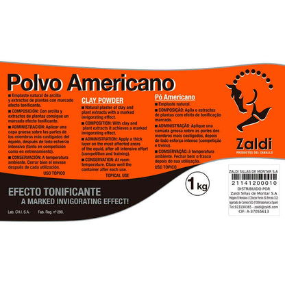 Polvo americano Zaldi para emplaste natural, producto de limpieza e higiene para caballos, en envase con etiqueta visible.