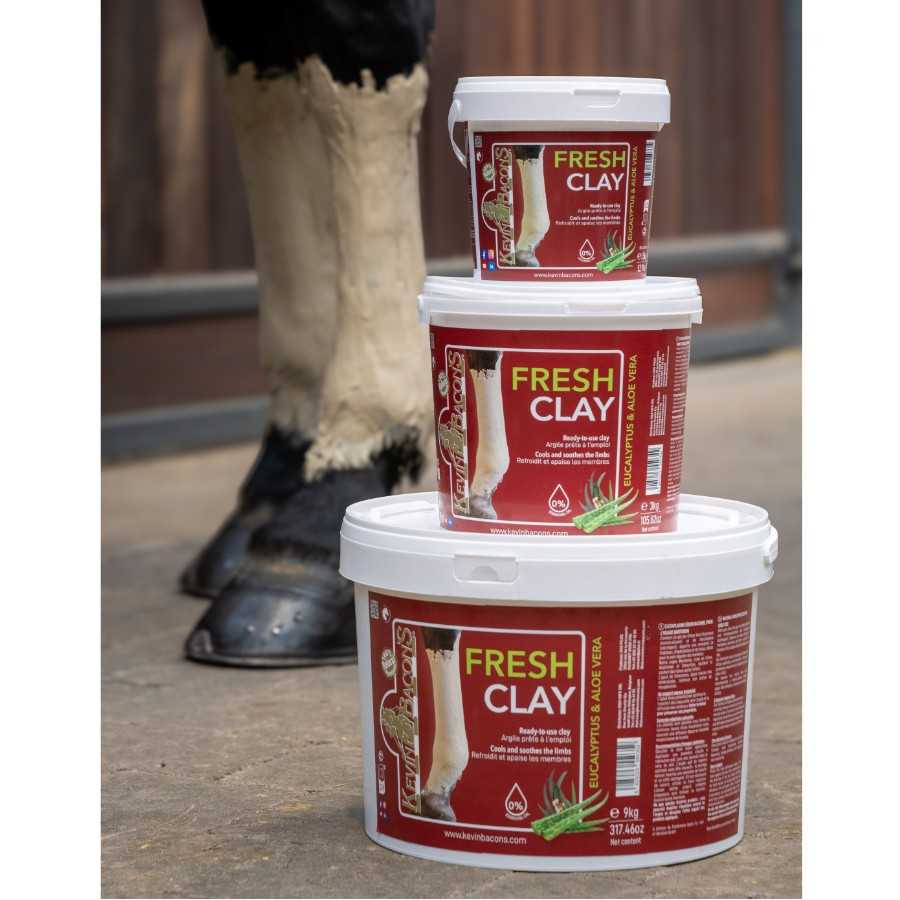 Arcilla Kevin Bacon's Fresh Clay para caballos con eucalipto y aloe vera, en envase de color verde y diseño natural.