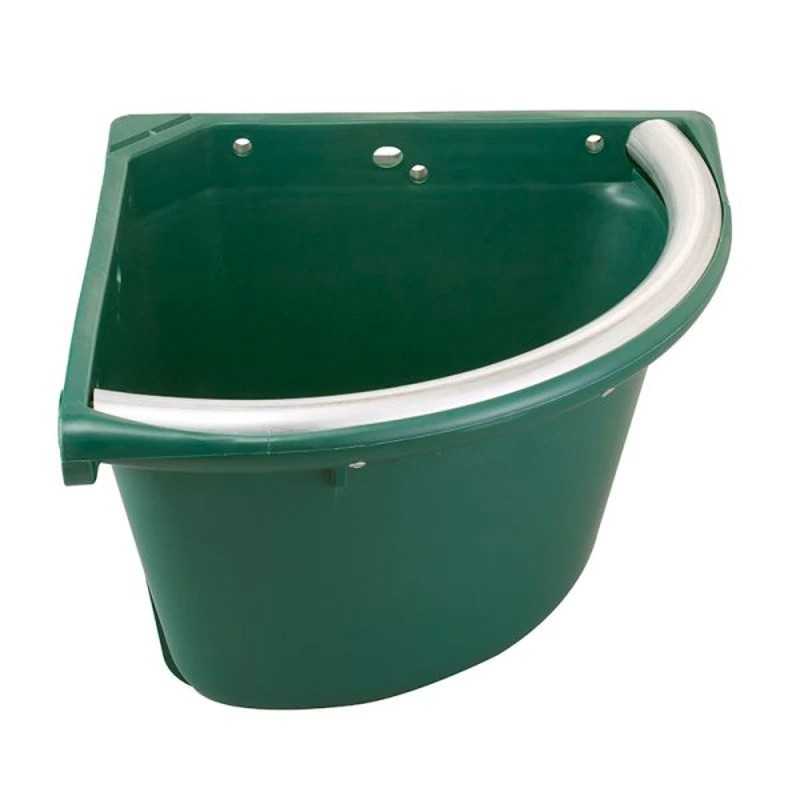 Comedero de rincón de 16L con borde de aluminio, resistente, ideal para caballos en establos o exteriores.