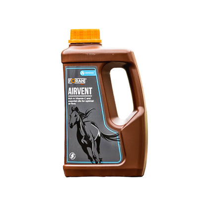 Suplemento respiratorio líquido FORAN AIRVENT 2,5L para caballos, en botella de 1L, con etiqueta de Tienda Hípica Online.