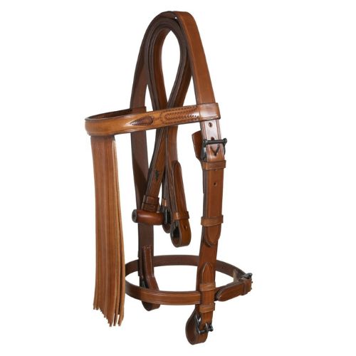 Cabezada vaquera con riendas de barrilete artesana D'Hispania, cuero con detalles tradicionales y hebillas metálicas.