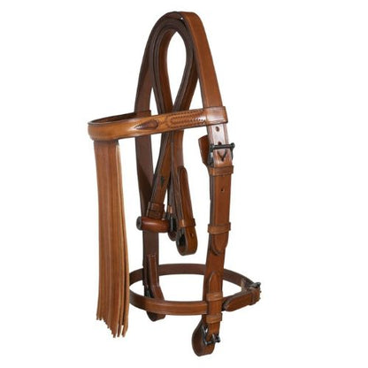 Cabezada vaquera con riendas de barrilete artesana D'Hispania, cuero con detalles tradicionales y hebillas metálicas.